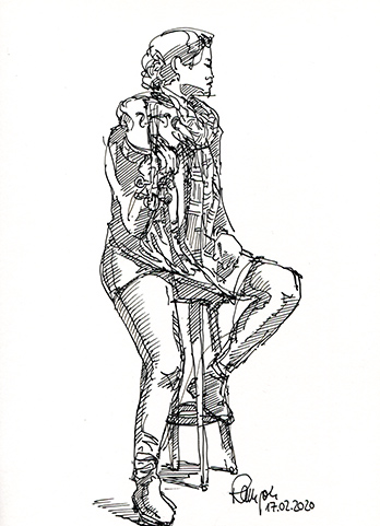 Figürliche Zeichnung Frau mit Geige