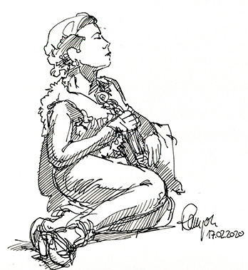 Figürliche Zeichnung Frau mit Geige