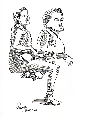 Figürliche Zeichnung Frau mit Geige