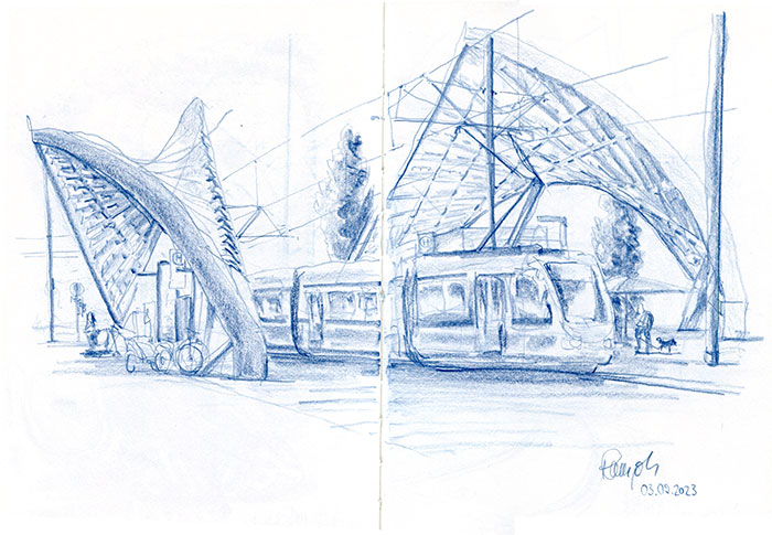 Zeichnung Schwabinger Tor Trambahn-Haltestelle